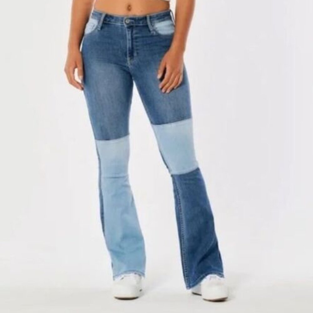 HOLLISTER HIGH-RISE VINTAGE FLARE JEANS TWO-TONE PATCHWORK STRETCH DENIM sz 27